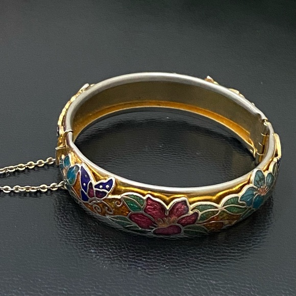 Vintage Unsigned Gold-tone Floral Flower Cloisonne Hinged Bangle Bracelet 36.2g - Picture 5 of 16